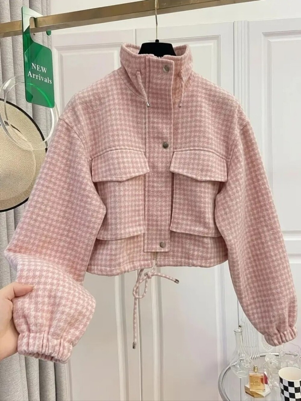 Short Drawstring Pocket Design Zip-up Jacket, Loose-fitting, Versatile